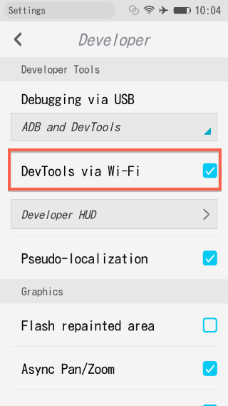 "DevTools via Wi-Fi" in Developer menu